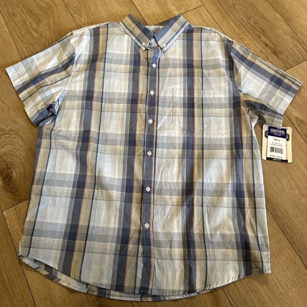 Smith's Workwear‎ Men's Blue Plaid Short Sleeve Button Down Shirt Medium NEW